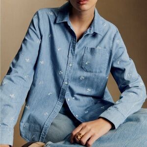 Sézane Tomboy Shirt floral embroidered denim button down shirt 34/XS/2